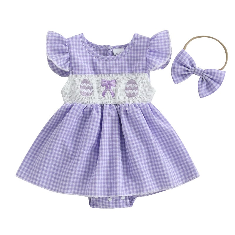 mlpeerw Easter Outfit Baby Girl Romper Dress My First Easter Fly Sleeve Smocked Dress Newborn Cute Baby Summer Clothes (Easter Eggs-Purple, 0-3 Months) - Image 1