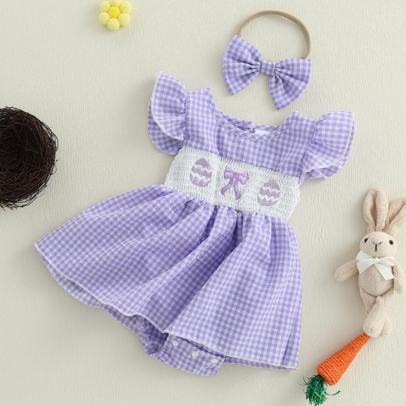 mlpeerw Easter Outfit Baby Girl Romper Dress My First Easter Fly Sleeve Smocked Dress Newborn Cute Baby Summer Clothes (Easter Eggs-Purple, 0-3 Months) - Image 3