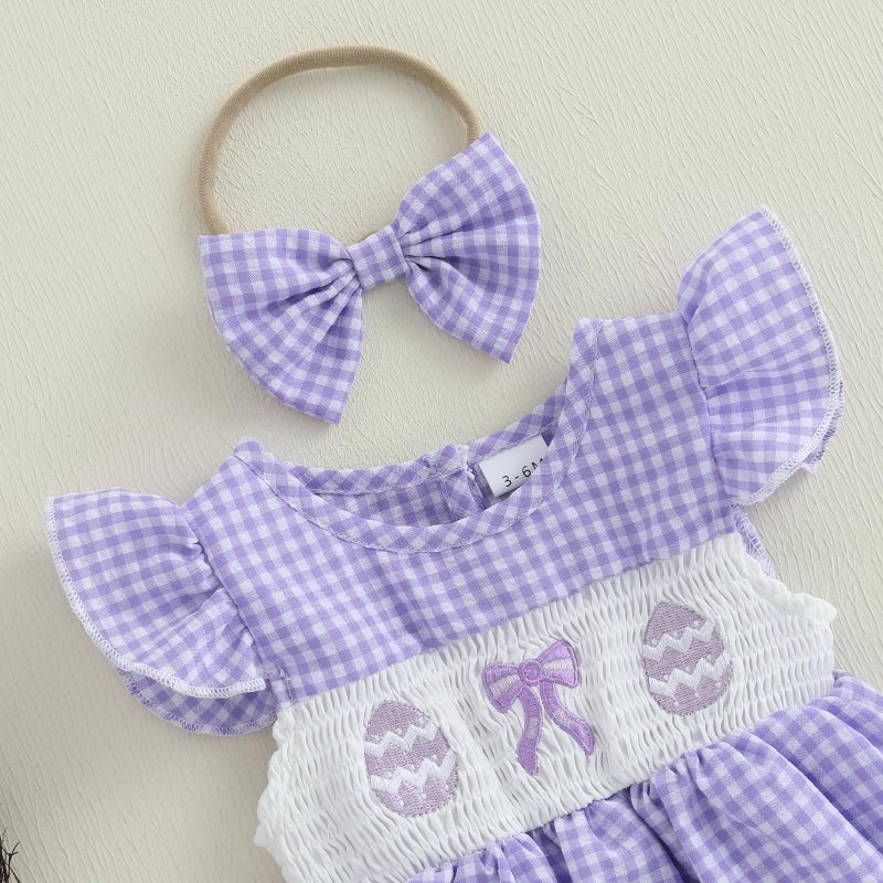 mlpeerw Easter Outfit Baby Girl Romper Dress My First Easter Fly Sleeve Smocked Dress Newborn Cute Baby Summer Clothes (Easter Eggs-Purple, 0-3 Months) - Image 4