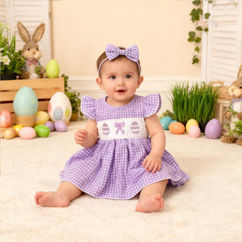 mlpeerw Easter Outfit Baby Girl Romper Dress My First Easter Fly Sleeve Smocked Dress Newborn Cute Baby Summer Clothes (Easter Eggs-Purple, 0-3 Months) - Image 2