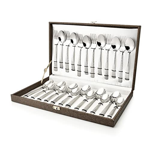 FnS Madrid Cutlery Set, Hammer Finish on Handle with Leatherette Packaging - 6 Dinner Spoons, 6 Dinner Forks, 6 Teaspoons, 6 Baby Spoons, Elegant Design, Durable, Ideal for Home, Dining, Kitchen Use - Image 1