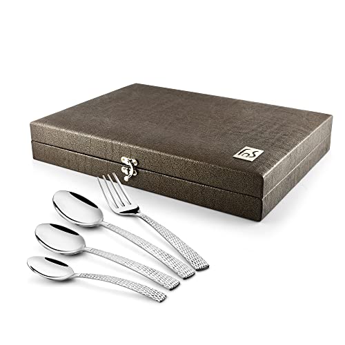 FnS Madrid Cutlery Set, Hammer Finish on Handle with Leatherette Packaging - 6 Dinner Spoons, 6 Dinner Forks, 6 Teaspoons, 6 Baby Spoons, Elegant Design, Durable, Ideal for Home, Dining, Kitchen Use - Image 2