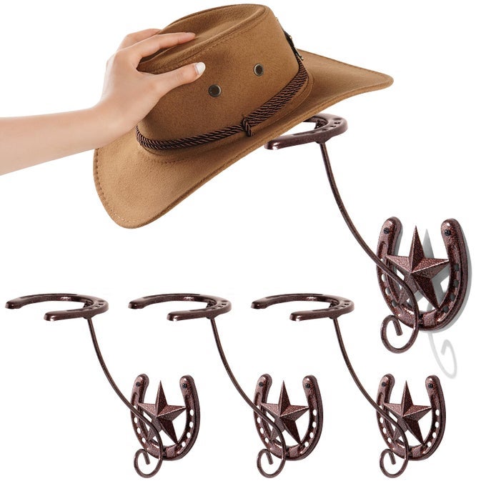 COWBOY HAT ORGANIZER RACK FOR WALL 4 PACK METAL COWBOY HAT HOLDER WALL MOUNTED IRON WESTERN WALL DECOR HORSESHOE HAT HANGER FOR STORAGE AND DISPLAY AT CLOSET BEDROOM LIVING ROOM
