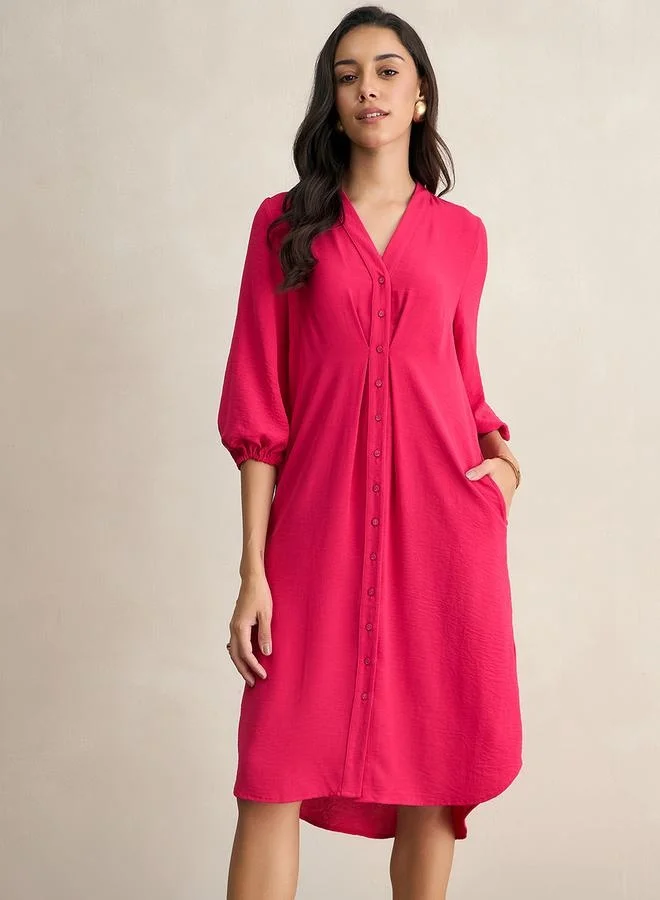 Femmella Femmella Textured Button Down V-Neck Knee Length Dress
