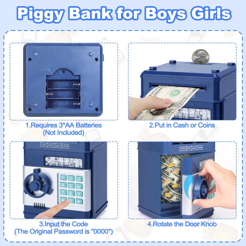 Refasy Piggy Bank for Boys,Refasy Electronic Piggy Banks Password Money Saving Box Gifts for 11 Year Old Boy Money Bank Toy Birthday Gifts for Boys Girls Kids Safe Cash Coin Can(Navy) - Image 4