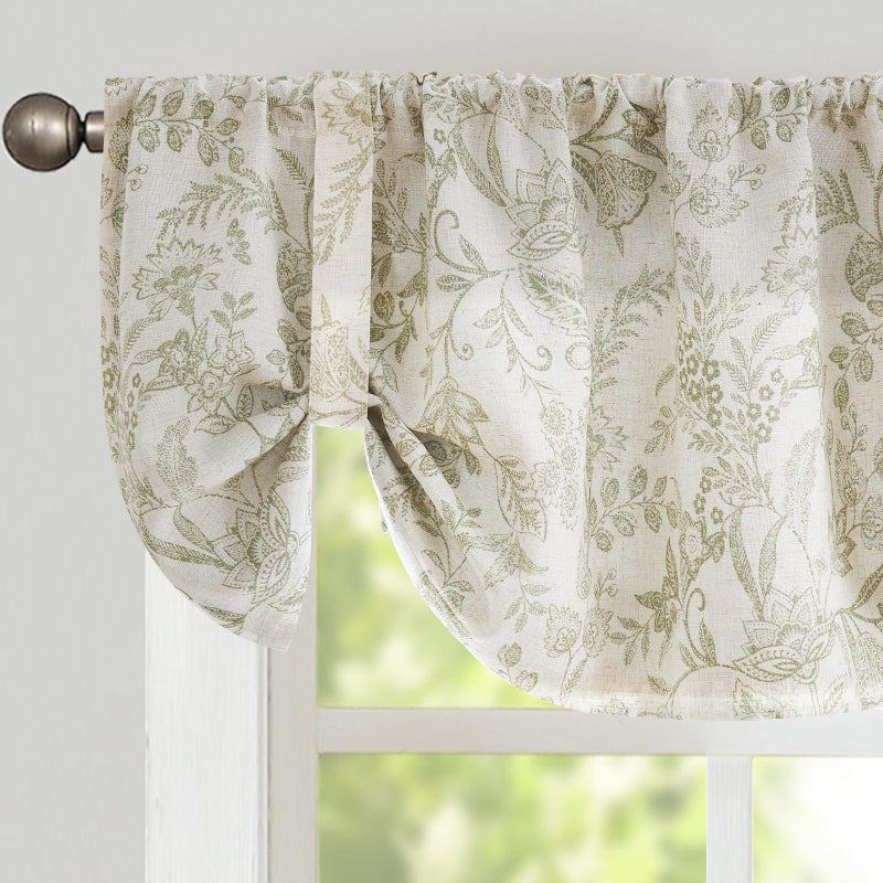 Lazzzy Linen Curtains Farmhouse Green Floral Print Curtains 18 Inches Long Back Tab Drapes for Living Room Bedroom Semi Sheer Country Vintage ValanceCurtains 3 Panels Set Rod Pocket - Image 1