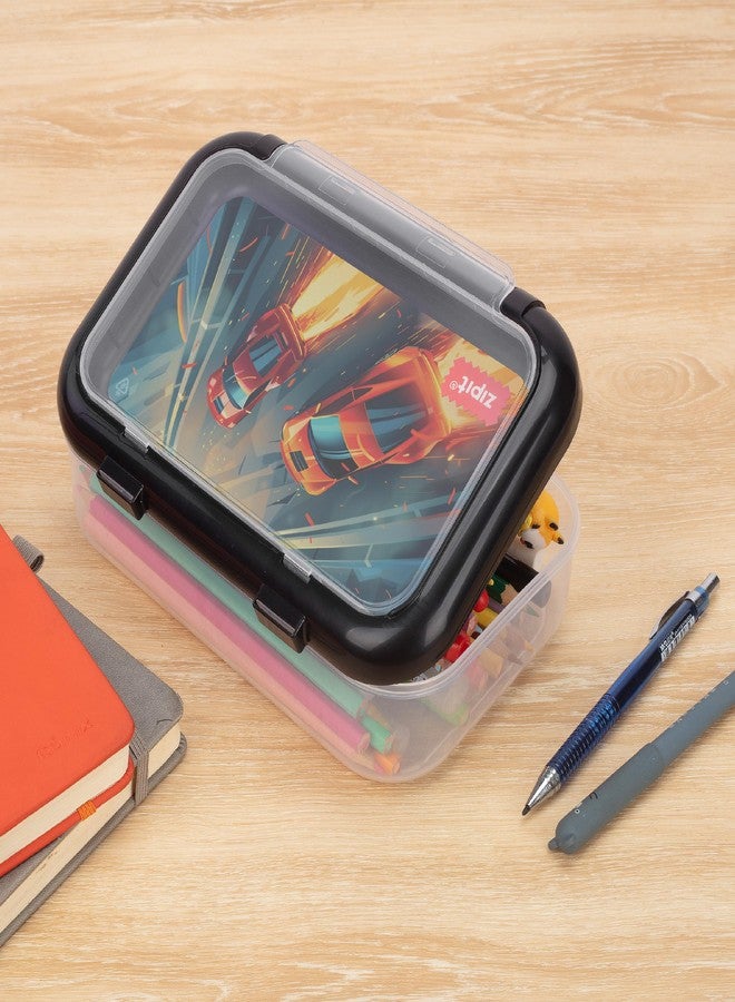 زيبيت صندوق أقلام رصاص بلاستيكي مُعاد تدويره من ZIPIT للأولاد، حافظة أقلام رصاص مكونة من حجرتين للمدرسة، صندوق منظم أدوات مكتبية بسعة كبيرة، سباق سيارات - Image 5