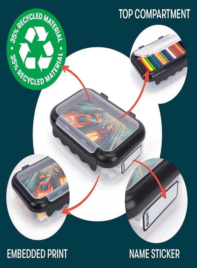 زيبيت صندوق أقلام رصاص بلاستيكي مُعاد تدويره من ZIPIT للأولاد، حافظة أقلام رصاص مكونة من حجرتين للمدرسة، صندوق منظم أدوات مكتبية بسعة كبيرة، سباق سيارات - Image 3
