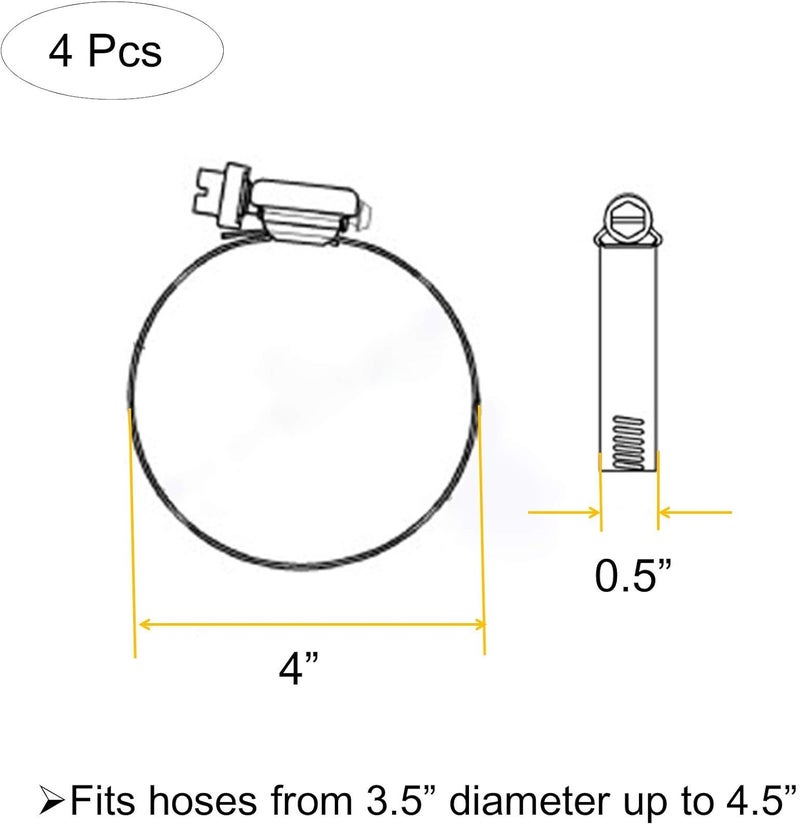 EesTeck 4Pcs 4.5" Adjustable 304 Stainless Steel Duct Clamps For 4" Hose Clamp Pipe Clamp Air Ducting Clamp worm drive hose clamps (Silver) - Image 5