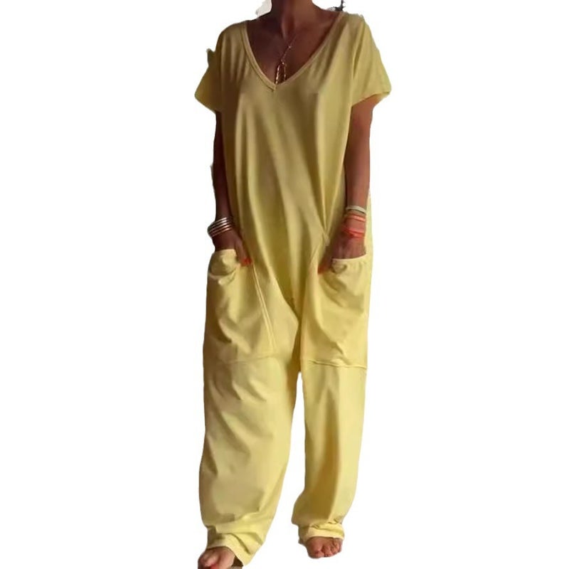 2024 Summer Women'S Clothing Independent Station Popular Pure Color V Neck Oversized Flap Pocket Pants Low-Cut Jumpsuit Straight Leg - Image 5