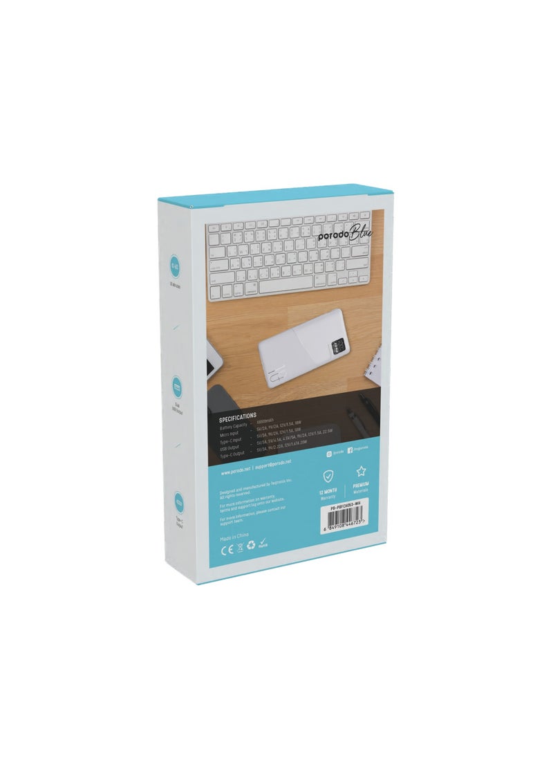 بورودو - بطارية شحن سريعة 10000 مللي أمبير في الساعة مع مخرج USB مزدوج / PD 20 وات / 22.5 وات QC3.0 / مدخل ميكرو 18 وات / شاشة رقمية - أبيض - Image 1