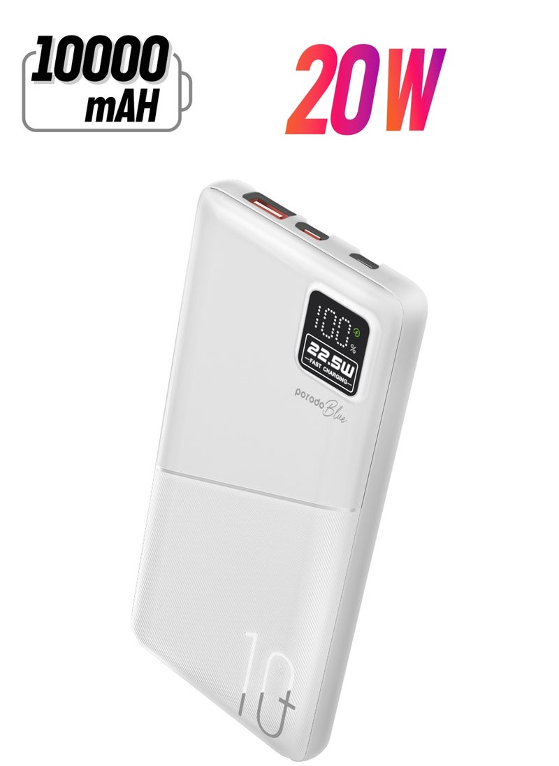 بورودو - بطارية شحن سريعة 10000 مللي أمبير في الساعة مع مخرج USB مزدوج / PD 20 وات / 22.5 وات QC3.0 / مدخل ميكرو 18 وات / شاشة رقمية - أبيض - Image 1