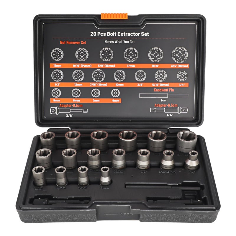 Uyecove Bolt Extractor Set, 20Pcs Stripped Bolt Remover Lug Nut Extractor Set, Lug Nut Remover For Broken Damaged Rounded-Off Bolts, Nuts, Bolts, Studs, Threaded Tubes - Image 1