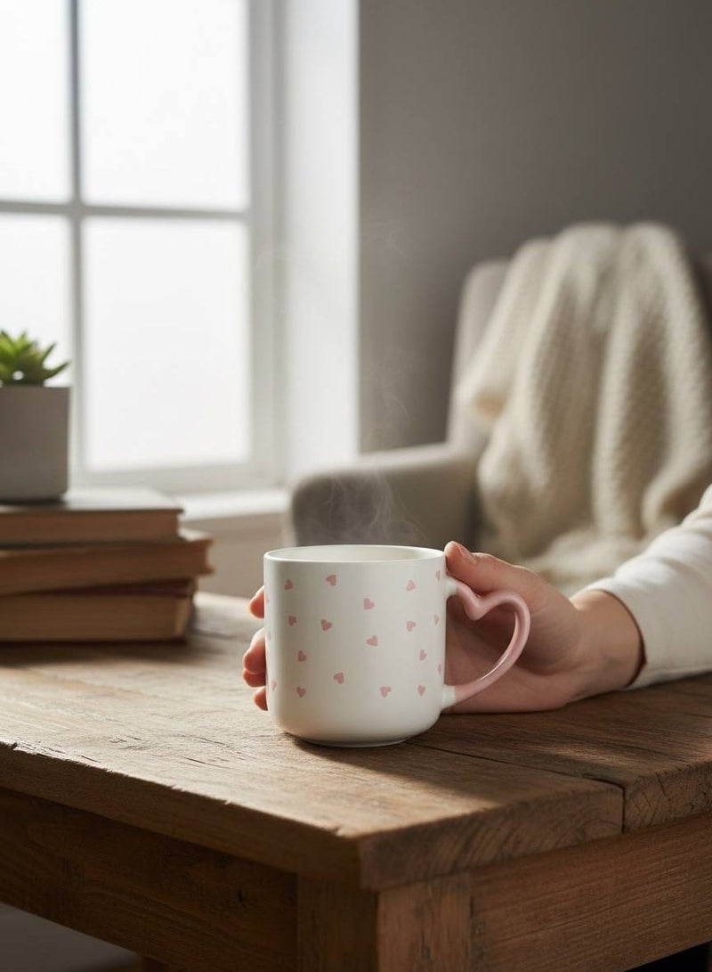 مج بورسلين أنيق باللون الأبيض مزين بنقوش قلوب وردية سعة 400 مل مع مقبض مريح وتصميم عملي للاستخدام اليومي - Image 5