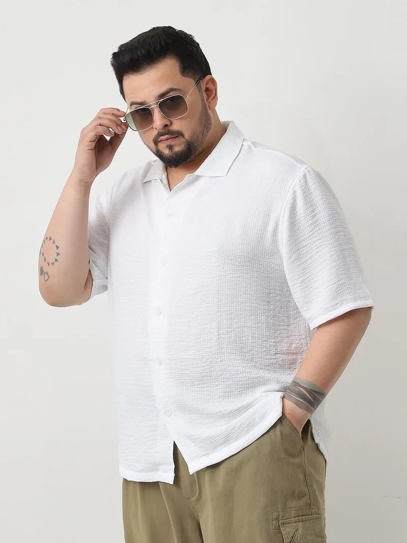 Urbano Plus Men's White Cotton Half Sleeve Oversized Fit Textured Shirt with Cuban Collar