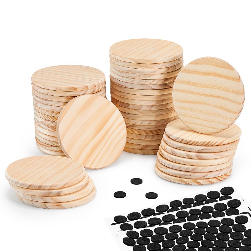 Yangbaga 46Pcs Unfinished Wood Coasters-4" Unfinished Natural Wood Slices for Crafts Round with Non-Slip for Wedding Decoration/Blank Coasters Wood Kit DIY Architectural Models Drawing Painting Wood Engraving - Image 1