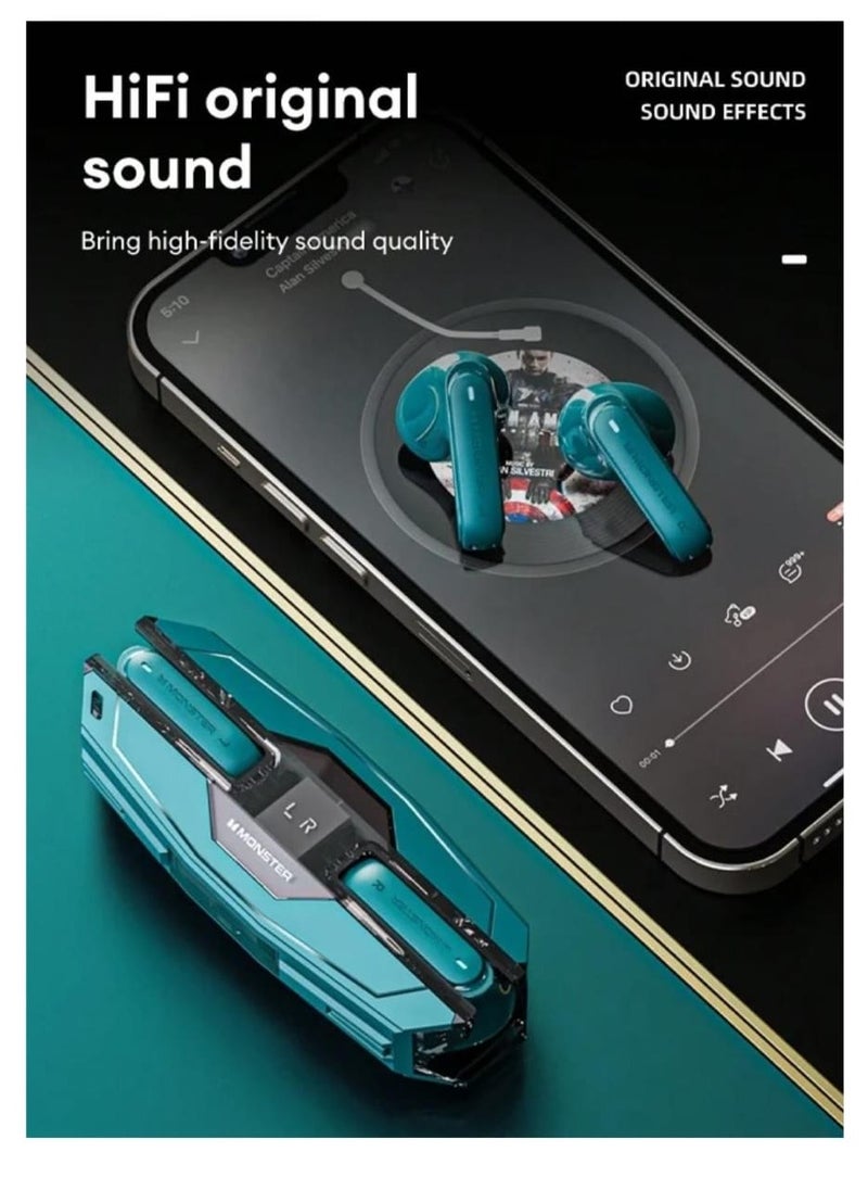 Monster XKT08 Pro Wireless Bluetooth Earbuds Gaming Headphones Deep Bass Low Latency Game Headset with Built-in Microphone Noise Canceling Green