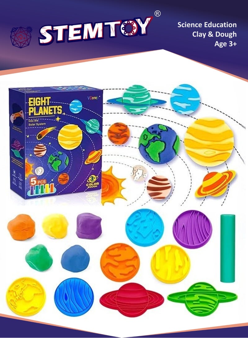 STEMTOY DIY Playdough Set Play Dough Tools Solar System Play Dough Set with 8 Planet Molds 5 Colored Clay Educational Space Learning Toy Early Education Development for Kids, Creative Hands-On Play Toy Birthday Gift for Kids Boys Girls Ages 3+ - Image 1