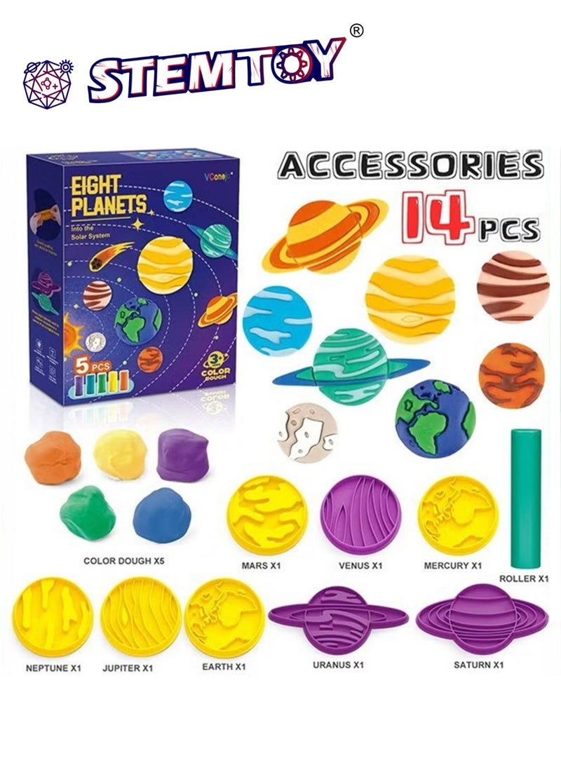 STEMTOY DIY Playdough Set Play Dough Tools Solar System Play Dough Set with 8 Planet Molds 5 Colored Clay Educational Space Learning Toy Early Education Development for Kids, Creative Hands-On Play Toy Birthday Gift for Kids Boys Girls Ages 3+ - Image 2