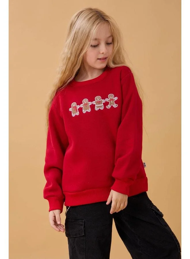 Perendi Red Girl's Bicycle Collar Sweatshirt with Cookie Embroidery.
