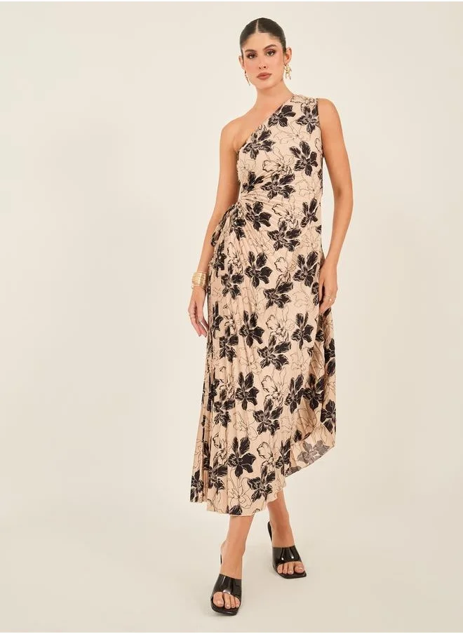 Styli All-Over Print One Shoulder Midi Dress with Ruched Detail