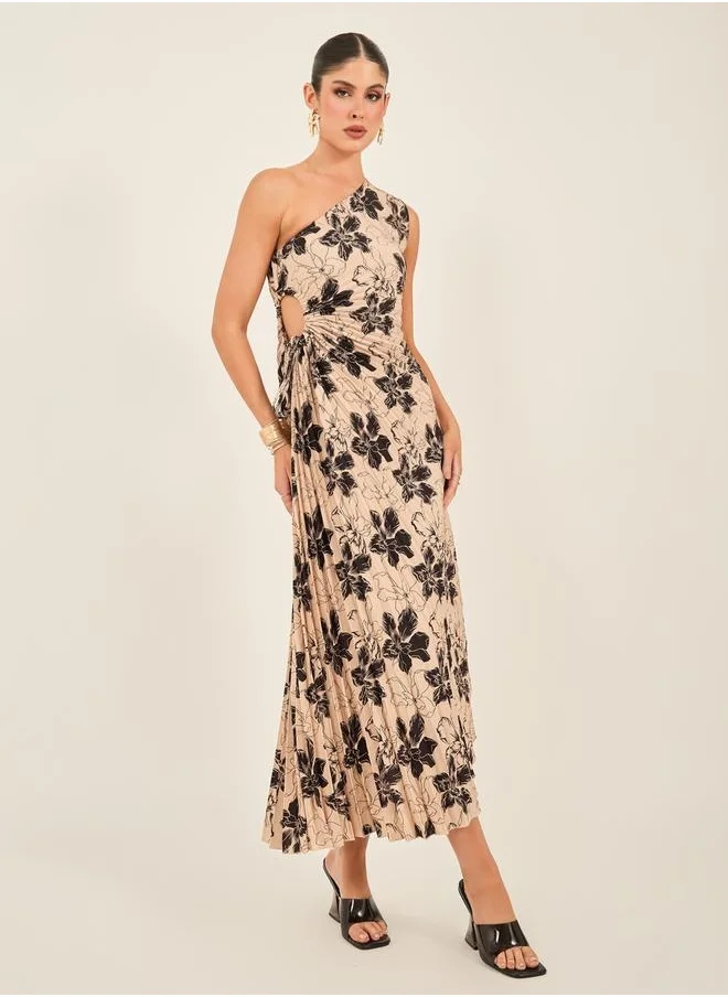 Styli All-Over Print One Shoulder Midi Dress with Ruched Detail