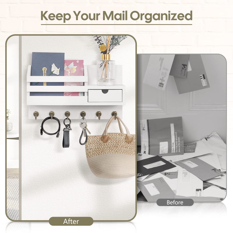 FifthQuarter Key Holder Wall Mount: Key and Mail Holder for Wall with 6 Hooks and Storage Drawer, Easy Installation Key Rack for Entryway Home Decor (A-White) - Image 3