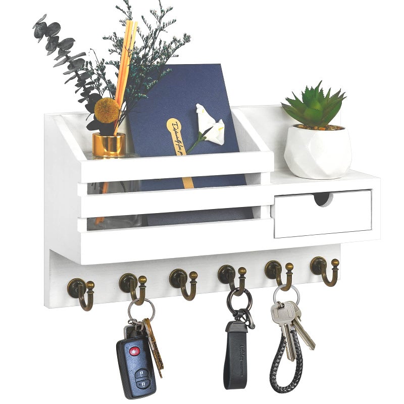 FifthQuarter Key Holder Wall Mount: Key and Mail Holder for Wall with 6 Hooks and Storage Drawer, Easy Installation Key Rack for Entryway Home Decor (A-White) - Image 1
