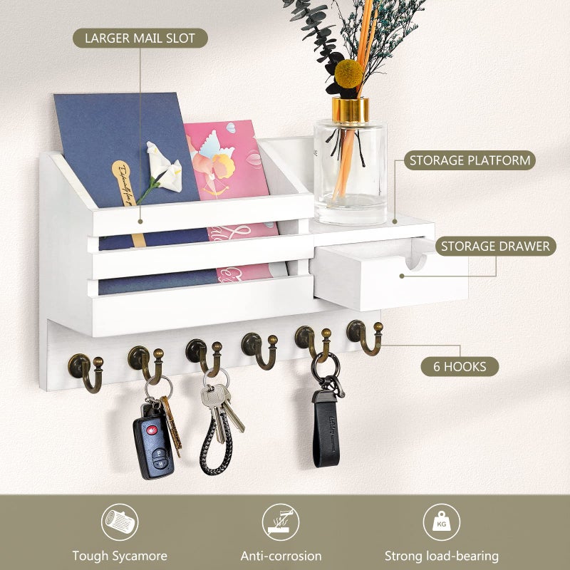 FifthQuarter Key Holder Wall Mount: Key and Mail Holder for Wall with 6 Hooks and Storage Drawer, Easy Installation Key Rack for Entryway Home Decor (A-White) - Image 5