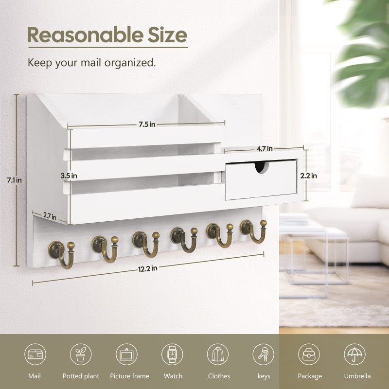 FifthQuarter Key Holder Wall Mount: Key and Mail Holder for Wall with 6 Hooks and Storage Drawer, Easy Installation Key Rack for Entryway Home Decor (A-White) - Image 2