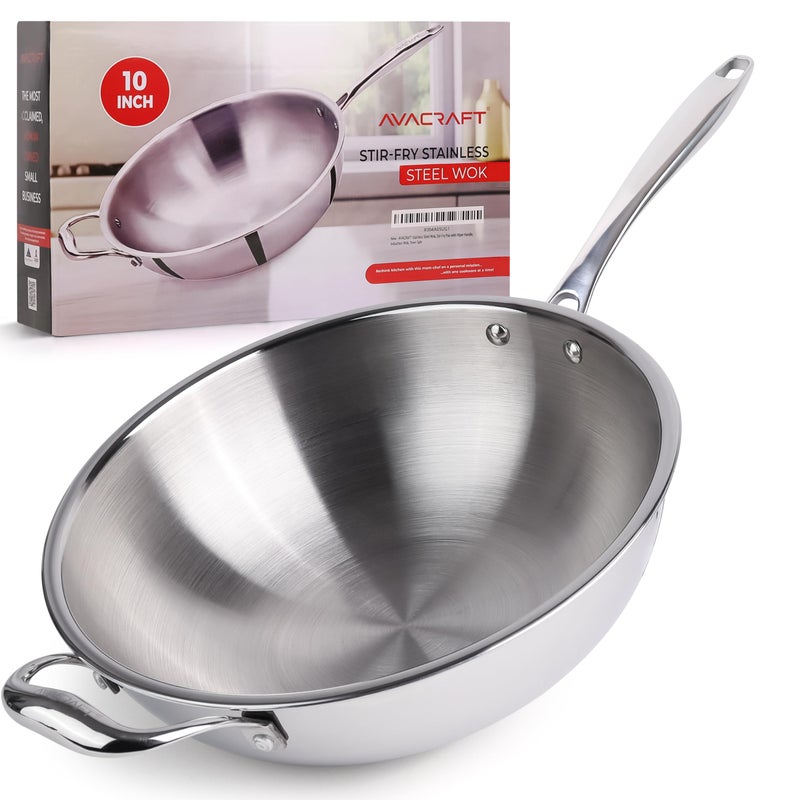 مقلاة ووك AVACRAFT ثلاثية الطبقات من الفولاذ المقاوم للصدأ مع مقبض مساعد قاع مسطح متوافقة مع الحث آمنة للفرن 10 بوصة