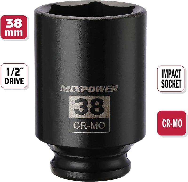 MIXPOWER 1/2" Drive Deep Impact Socket, CR-MO, 38mm, 6 Point, Axle Nut Impact Grade Socket for Easy Removal - Image 2