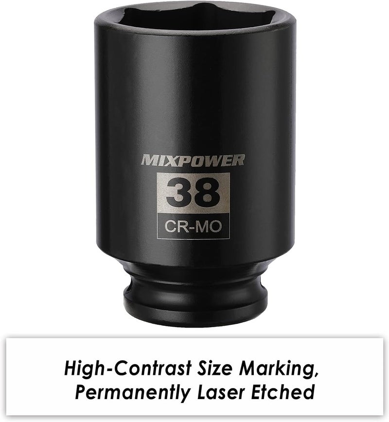 MIXPOWER 1/2" Drive Deep Impact Socket, CR-MO, 38mm, 6 Point, Axle Nut Impact Grade Socket for Easy Removal - Image 5
