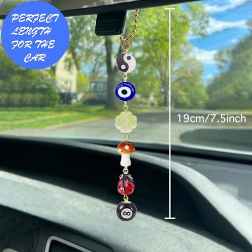 Agromusk Evil Eye Car Hanging Ornament,Good Lucky Days Car Charm,8 Ball Mushroom Four-Leaf Clover Pendant for Car Rear View Mirror,Cute Boho Evil Eye Ladybug Yin Yang Symbol Decor Accessories - Image 4