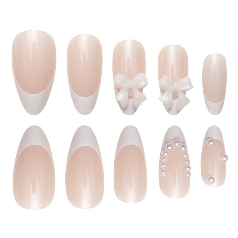 Foccna Press on Nails Almond Medium Pearl White Fake Nails French Glossy 3D False Nail Tips Artificial Nails Finger Manicure for Women&Girls -24 pcs - Image 3