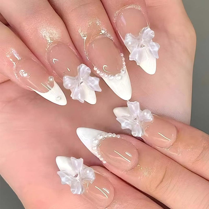 Foccna Press on Nails Almond Medium Pearl White Fake Nails French Glossy 3D False Nail Tips Artificial Nails Finger Manicure for Women&Girls -24 pcs - Image 1