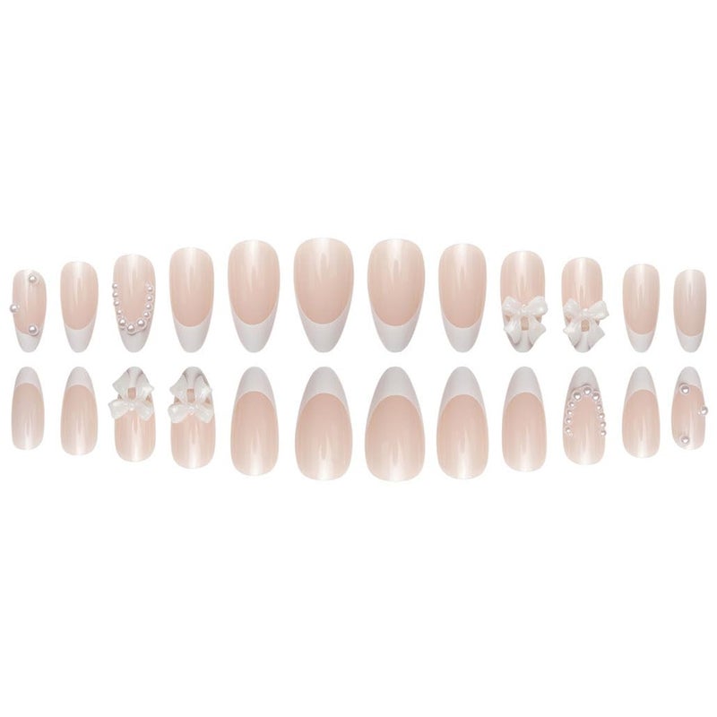 Foccna Press on Nails Almond Medium Pearl White Fake Nails French Glossy 3D False Nail Tips Artificial Nails Finger Manicure for Women&Girls -24 pcs - Image 2