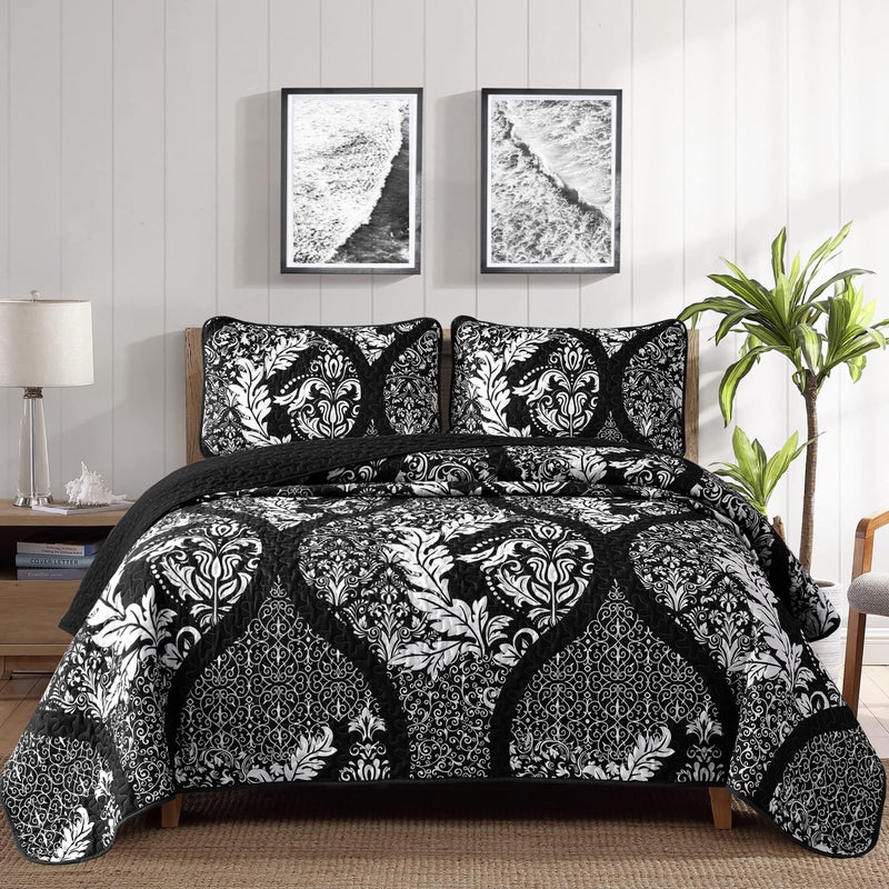 DJY Black Quilt Set Queen Size Boho Damask Bedspread Coverlet Set Soft Lightweight Microfiber Bedding Set 3 Pieces for All Season 96x90 