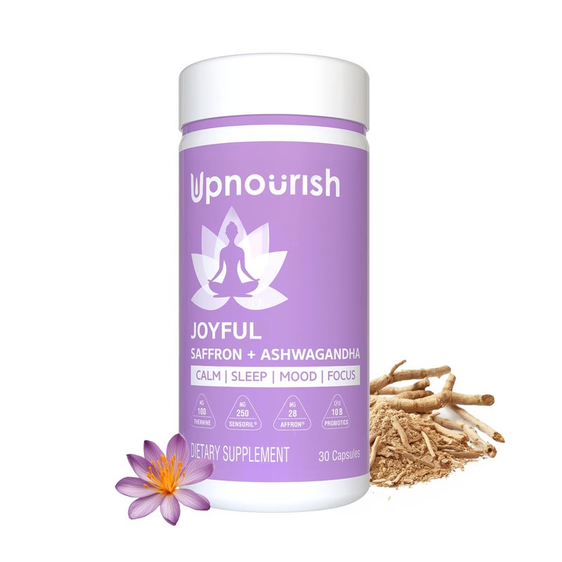 UpNourish Organic Ashwagandha Saffron Supplements with Probiotics Stress Relief Mood Enhancer Calm Happy Pills Support Fatigue Focus Clarity with LTheanine Rhodiola 30 Vegan Capsules