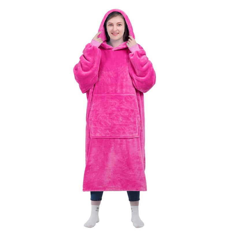 كيه بي بليس بطانية هوديي Kpblis للنساء والرجال قميص من النوع الثني قذرًا دافئًا ودافئًا من الصوف المتضخم مع الأكمام والجيب العملاق للبالغين والأطفال الوردي - Image 1