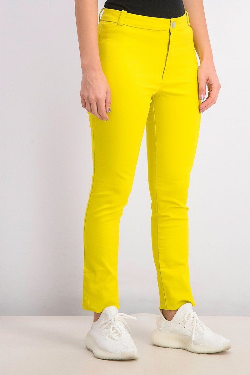 MANGO Women Grass Color Slim Fit Stretch Pant, Neon Yellow - Image 3