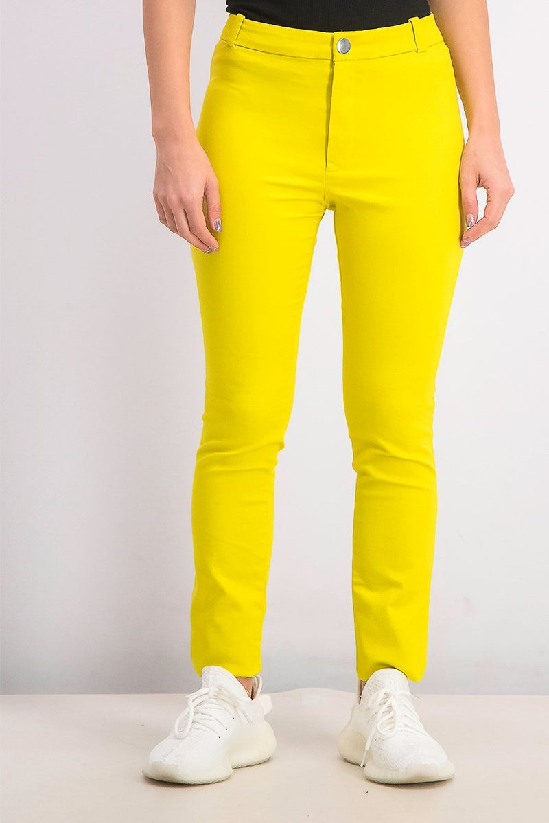 MANGO Women Grass Color Slim Fit Stretch Pant, Neon Yellow - Image 1
