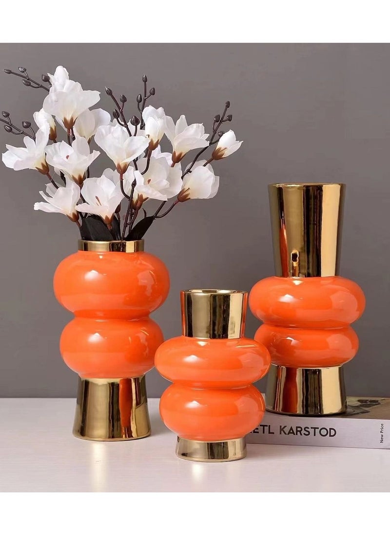 Decorhills Elegant Set of 3 Flower Vase with Golden Plated End For Decorating Hallway, Livingroom, Bedroom, Office (Orange) 