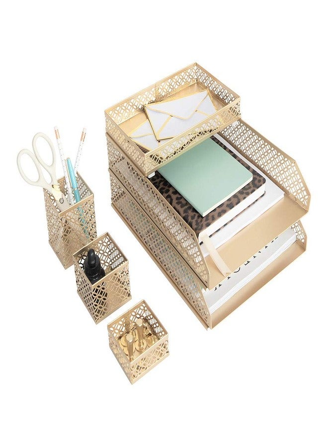 BLU MONACO Gold Desk Organizer Set for Women - 6-Piece Interlocking Office Supplies Set, Pen Cup, 3 Accessory Trays & 2 Letter Trays, Gold Paper Tray Holder - Image 1