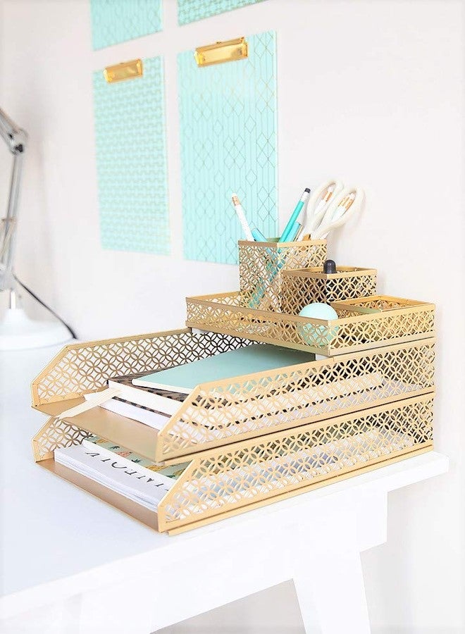 BLU MONACO Gold Desk Organizer Set for Women - 6-Piece Interlocking Office Supplies Set, Pen Cup, 3 Accessory Trays & 2 Letter Trays, Gold Paper Tray Holder - Image 4