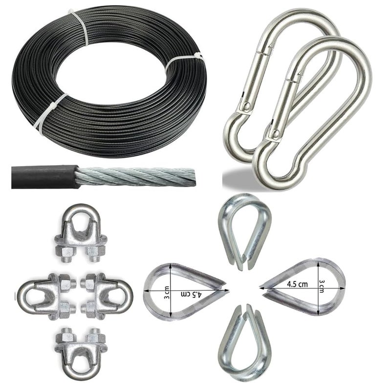 FITIFY Gym Machine Cable Wire (6mm) with Locking Accessories – ULocks, Eye Locks & Snap Hooks (Black Wire, 30 Meter) - Image 1