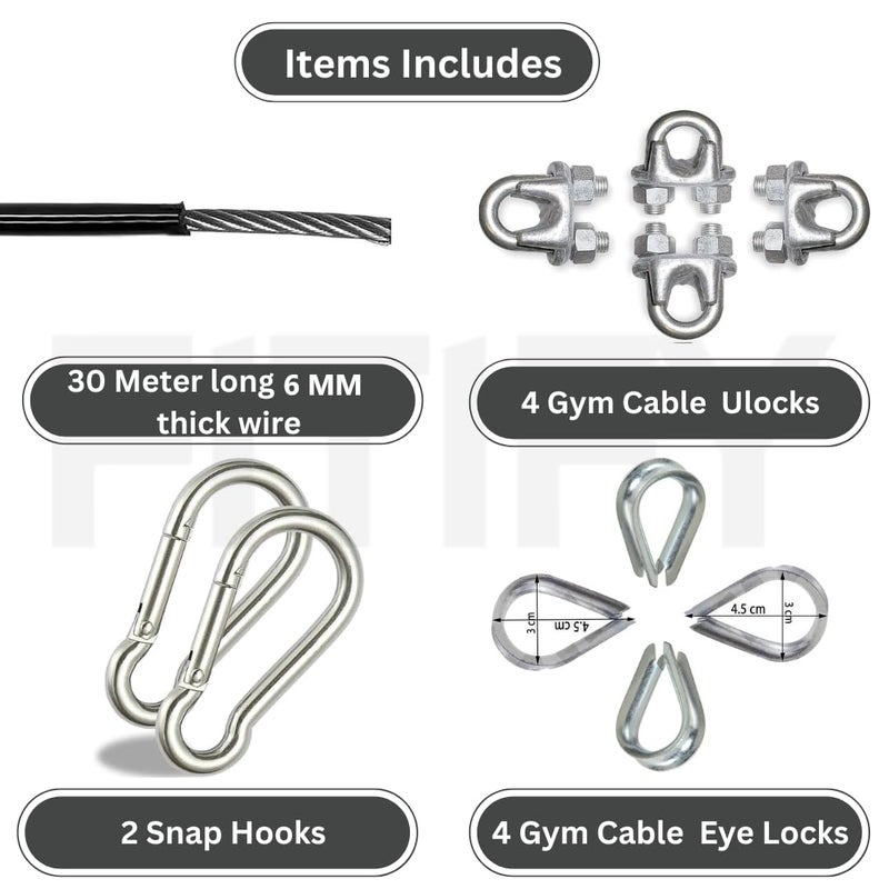 FITIFY Gym Machine Cable Wire (6mm) with Locking Accessories – ULocks, Eye Locks & Snap Hooks (Black Wire, 30 Meter) - Image 2