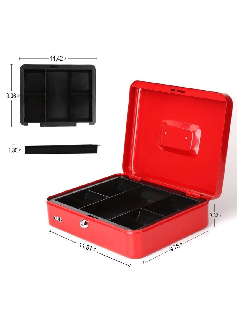 Rubik صندوق نقود كبير جدًا من الفولاذ مع صينية وقفل صندوق نقود محمول متين وآمن للفواتير والمجوهرات والإيصالات والعملات المعدنية (30 × 24 × 9 سم) أحمر - Image 5