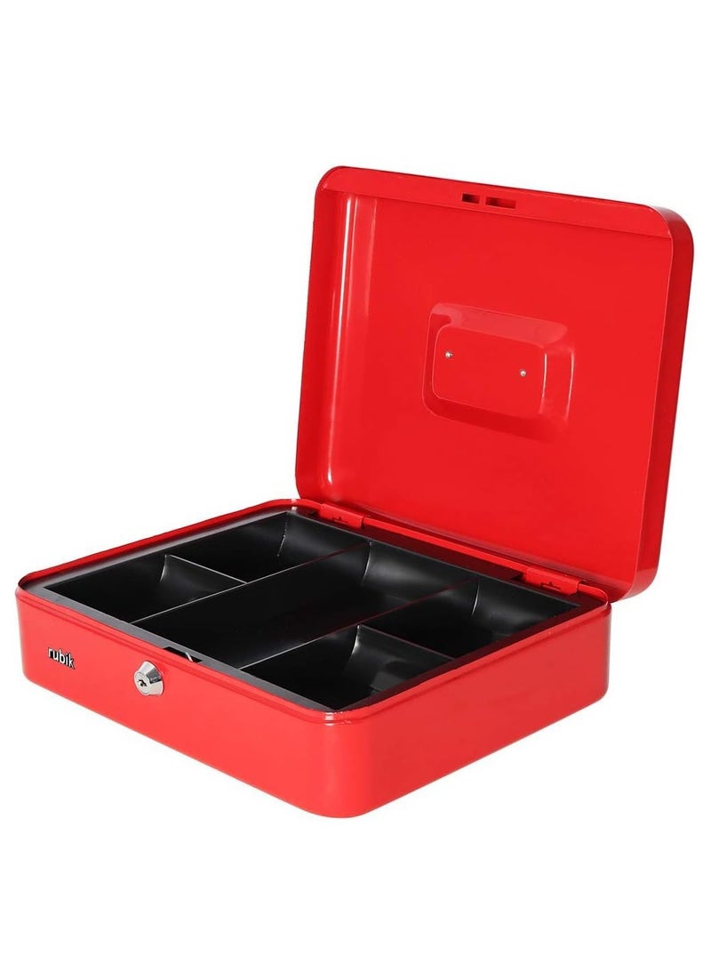 Rubik صندوق نقود كبير جدًا من الفولاذ مع صينية وقفل صندوق نقود محمول متين وآمن للفواتير والمجوهرات والإيصالات والعملات المعدنية (30 × 24 × 9 سم) أحمر - Image 2