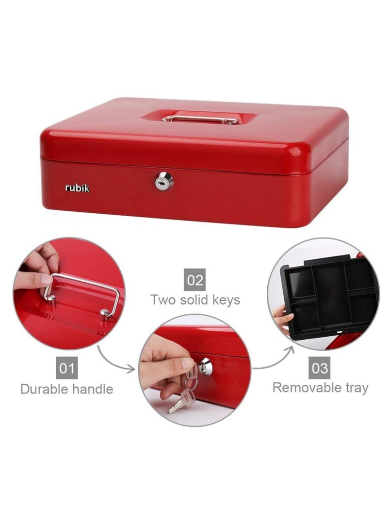 Rubik صندوق نقود كبير جدًا من الفولاذ مع صينية وقفل صندوق نقود محمول متين وآمن للفواتير والمجوهرات والإيصالات والعملات المعدنية (30 × 24 × 9 سم) أحمر - Image 4